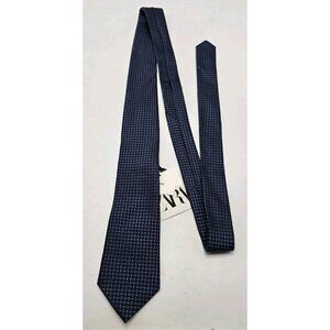 ZARA Navy Blue 100% Silk Woven Diamond Print Men's Skinny Necktie Tie New NWT